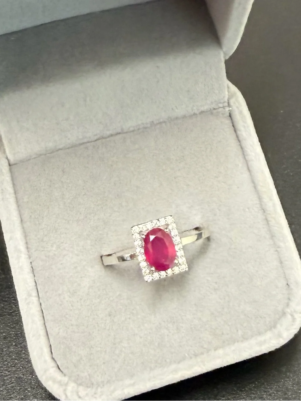 Stunning Natural Red Ruby .90CT w/ Rectangle Halo 925 Sterling Silver Sz 6.75